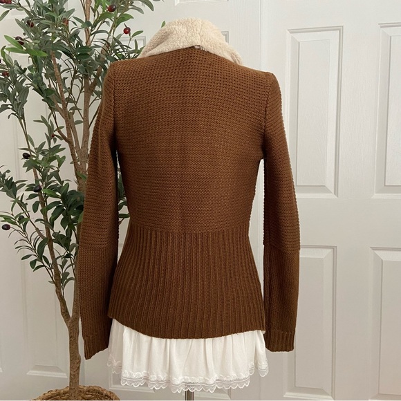 Chocolate Suede Sweater Cardigan Jacket Vegan Shearling Open - Picture 13 of 14